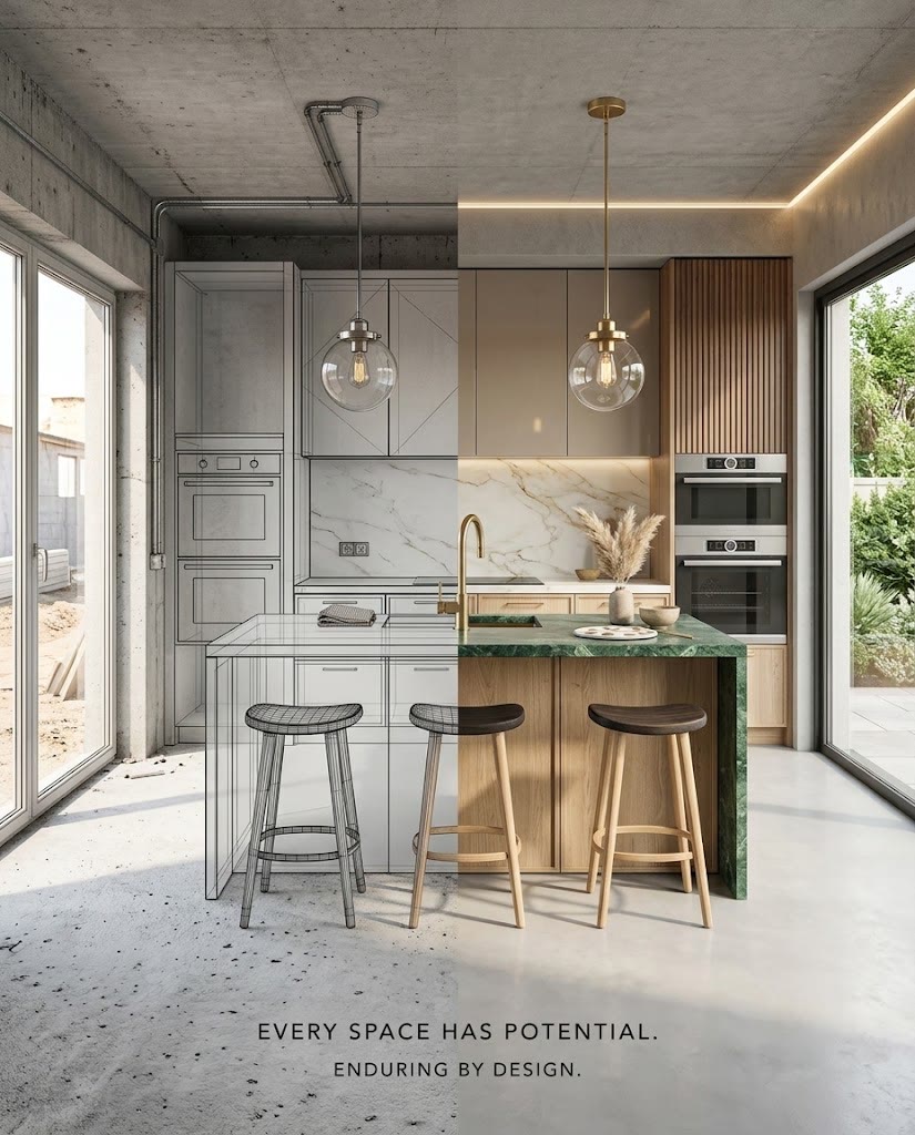 Design Atelier — a kitchen shown half as a 3D model, half as a finished render